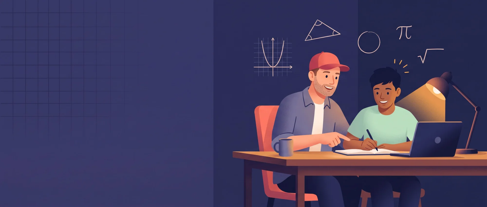 Illustration: a tutor in a red cap helps a smiling teenage student with math at a table